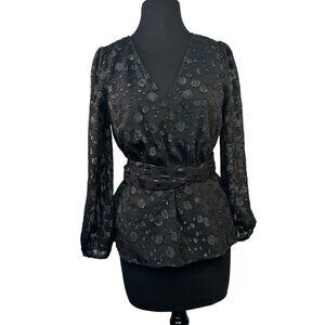 J.Crew Womens Size XSmall Black V-Neck Polka Dot Wrap Top Lined